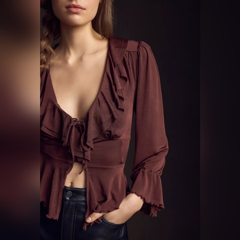 Anthropologie Brown Slinky Boho Deep V-neck Blouse XL